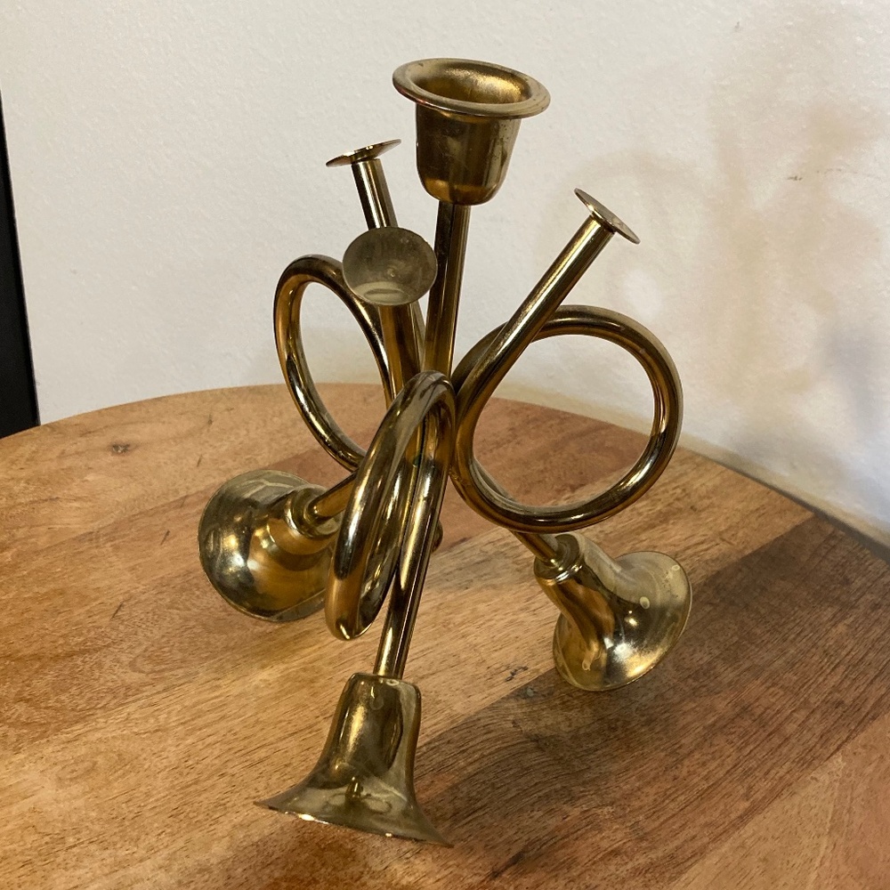 vintage triple French horn trumpet instrument brass musical candle holder accent
